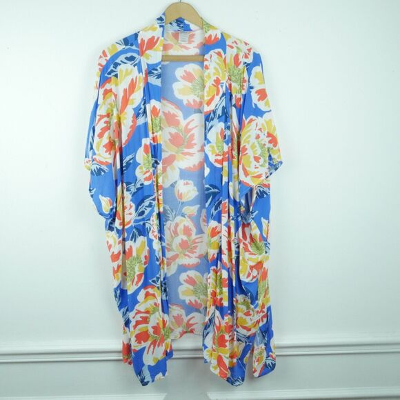 Skye Tops - Skye One Size Kimono Beach Cover Robe Topper Blue Floral Tropical Resort Beachy